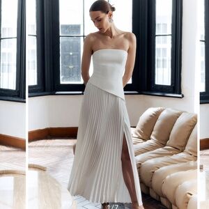 Solid Pleated Strapless Split Dress - Commense Size Medium